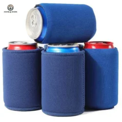 Stubby Holders with custom print, four cans in Royal holders, studio