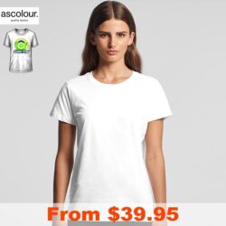 Woman wearing white AS Colour ladies tee ready for same day custom print