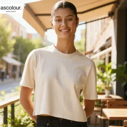 AS Colour Ladies Heavy Faded Crop T Shirt in Faded Bone with custom print, lifestyle view