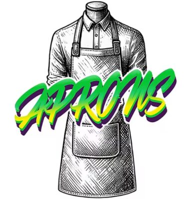 Sketch‑style mannequin wearing an apron with bold ‘Aprons’ text — custom printed and embroidered aprons by The Custom T Shirt Shop, Australia.