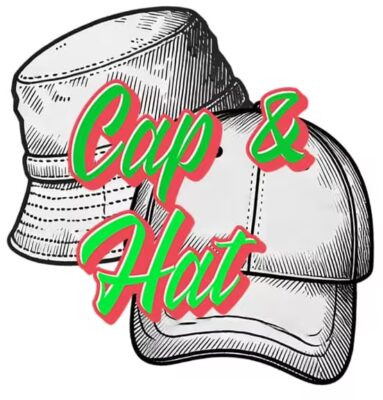 Sketch-style bucket hat and curved-brim cap with ‘Cap & Hat’ text, representing custom cap and hat printing by The Custom T Shirt Shop in Australia