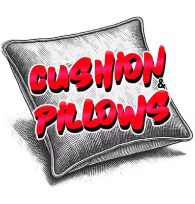 Sketch‑style cushion with bold ‘Cushion & Pillows’ text — custom printed cushion covers and personalised pillows by The Custom T Shirt Shop, Australia (DTF transfers & sublimation).