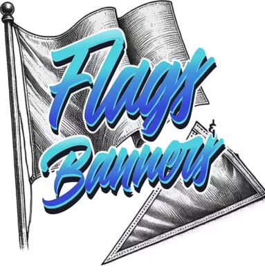 Sketch‑style flags and triangular pennant with ‘Flags & Banners’ text — custom printed flags, teardrop flags and vinyl banners by The Custom T Shirt Shop, Brisbane, Australia.