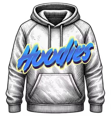 Sketch‑style pullover hoodie with ‘Hoodies’ text — custom hoodie printing by The Custom T Shirt Shop, Australia