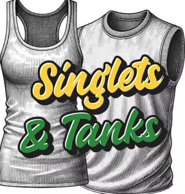 Sketch‑style women’s racerback singlet and men’s tank top with ‘Singlets & Tanks’ text — custom singlet and tank printing by The Custom T Shirt Shop, Australia