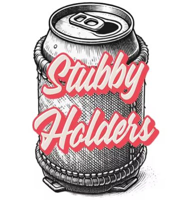 Sketch‑style can in a neoprene cooler with ‘Stubby Holders’ text — custom printed stubby holders / coolers by The Custom T Shirt Shop, Australia