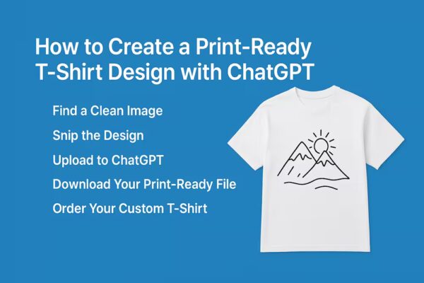 Step-by-step guide showing how to create a print-ready T-shirt design with ChatGPT, from finding an image to ordering a custom T-shirt online